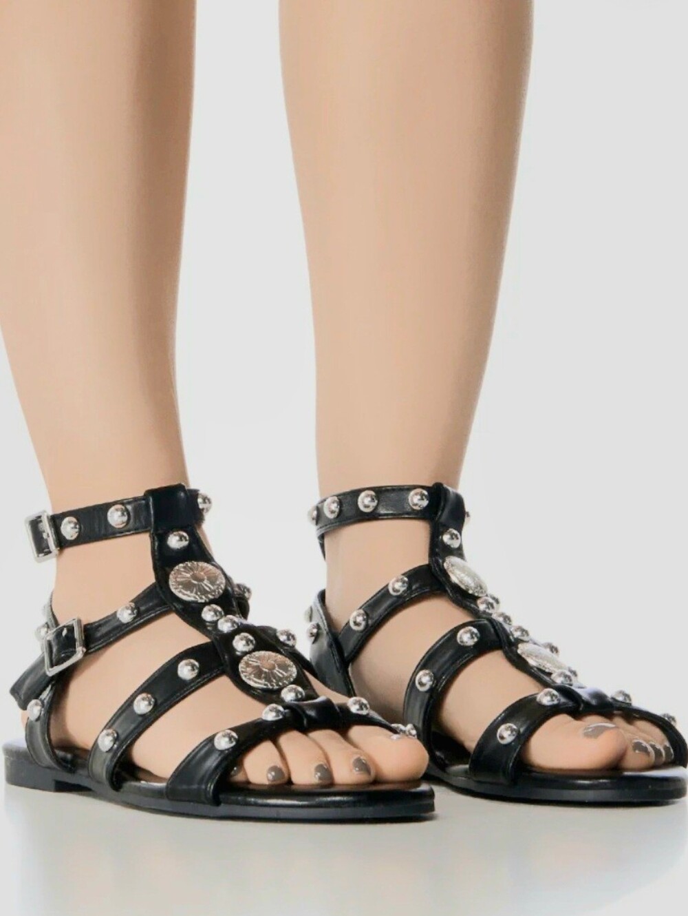 Black Studded Gladiator Sandals with Concho Accents